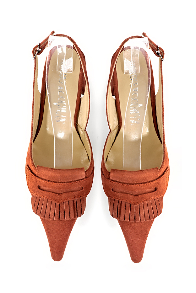 Women's terracotta orange slingback dress shoes. Pointed toe. Medium block heels - Top view